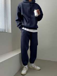 DAZY 男士纯色海军蓝厚款卫衣套装，秋冬
