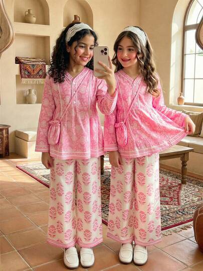 2 st/set flickor blommigt tryckt lätt skjortblus och vida byxor, mjukt borstat tyg med kjolöverlägg, lämplig för skola och fritidskläder