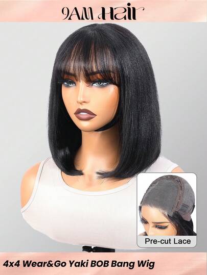 Yaki Straight Glueless Bob Wig Human Hair With Bangs 4x4 Transparent Lace Short Ready To Wear Bob Wigs Natural Looking 180% Density Black Color
