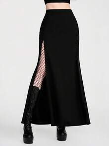 Chiquease 女士哥特风纯色金属钩扣松紧腰高开衩半身裙 - 黑色 - 查看 5