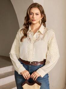 Roveilla 女士优雅法式休闲/通勤/度假浪漫高端下午茶衬衫，蕾丝领，胸前镂空，刺绣袖子，亚麻质感面料，长袖 - 杏色 - 查看 7