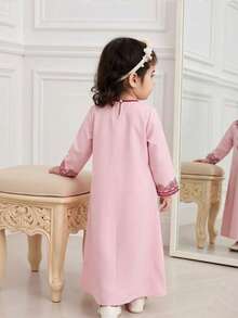 SHEIN Baby Girls' Pink Print V-Neck Long Sleeve Dress, Traditional Arab Clothing, Jalabiya, Abaya