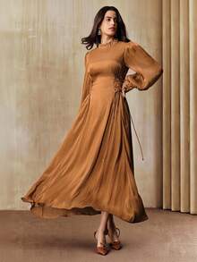 Anewsta 女士新款珍珠泡泡腰修身闪亮优雅休闲连衣裙，适合派对、舞会、圣诞节、新年、秋冬季等场合。 - 摩卡棕 - 查看 4