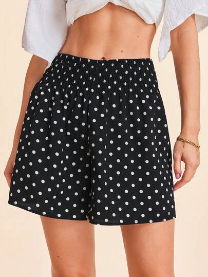 Coeurva Polka Dot Print Shirred Shorts