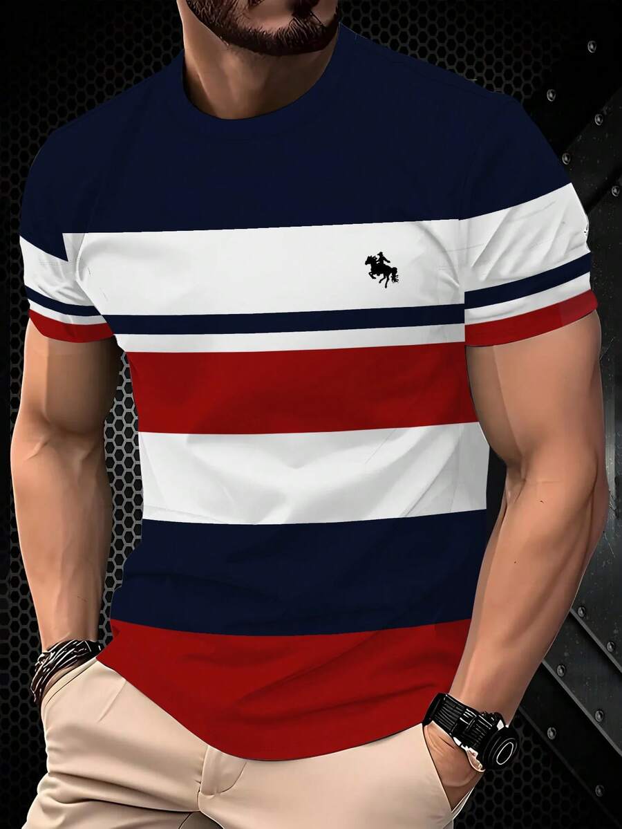 Manfinity Homme Camiseta de cuello redondo de estilo casual de vacaciones con rayas rojas, blancas y azules para hombres - Multicolor - Ver 1