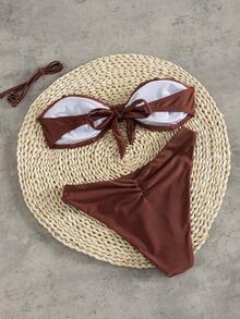 Swim Chiccia Women's Solid Color Beaded Bandeau Bikini Set, Summer Brown Bathing Suit Bow Bikini - Brown - View 4