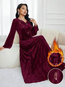 Al Najma Women's Elegant Party Fringe Decor Arabic Style Dress - Burgundy - View 2