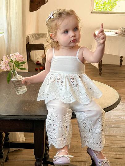 LMoss Kids 2pcs Baby Girl Woven Solid Color Camisole And Long Pants Set