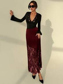 Aloruh 秋冬新款浪漫约会棕色缎面撞色蕾丝A字长裙，情人节女士穿搭 - 酒紅色 - 查看 5