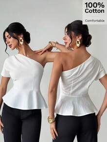 Firerie 女士优雅通勤不对称腰部露肩100%纯棉衬衫 - 白色 - 查看 8