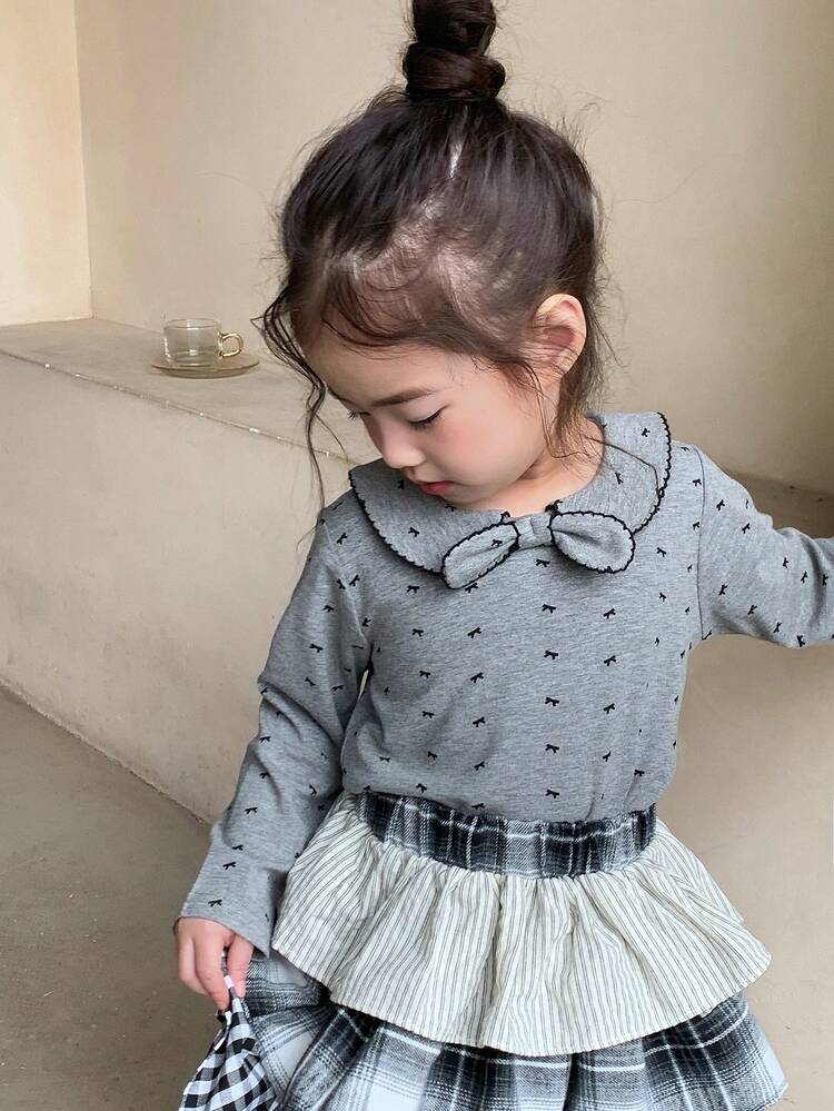 Baby Girls' Peter Pan Collar Bow Print Short Sleeve T-Shirt Top, Spring/Summer Long Sleeve Tops Girl