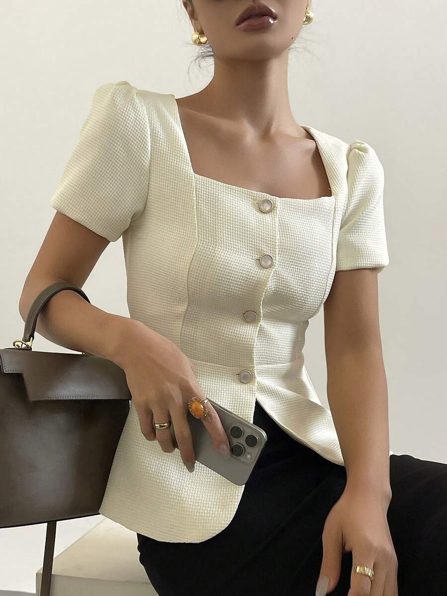 DAZY 女士泡泡袖收腰纯色方领纽扣短袖衬衫夏季 - 白色 - 查看 1