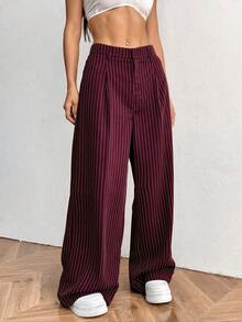 SHEIN EZwear 大码酒红色条纹休闲裤 - 酒紅色 - 查看 3