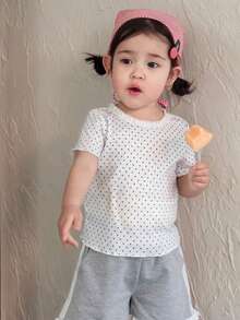 Dazy Kids 女童荷叶边下摆波点印花长袖上衣，韩版风格，春夏款 - 白色 - 查看 4