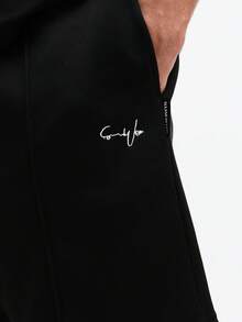 SUMWON 宽松抽绳腰带休闲夏季短裤，饰有小Logo，舒适宽松版型，纯色 - 黑色 - 查看 5