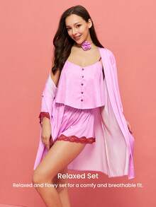 LUVLETTE Women Sexy Silky Satin Luxurious Lace Trim Pink V-Neck Camisole Top & Shorts Airy Loungewear Pajama Set Lingerie Valentine's Day Gifts