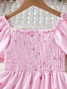 Short Sleeve Teenage Girls' Multicolor Striped Fuchsia Bow Decor Top With Cap Sleeve And Layered Ruffle Skirt, Fashionable Elegant For Daily, Party - Pink - View 4
