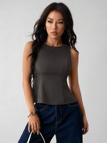 SHEIN PETITE Women's Summer Fashionable Designer Black Top - Dark Grey - View 7