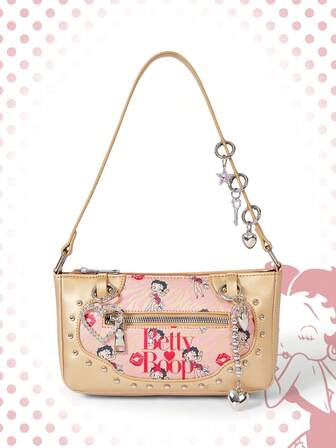 Betty Boop | ROMWE ¡Estilo de niña dulce retro! Bolso axilar rosa y dorado de la muñeca Betty, ¡un imprescindible para las Spice Girls! Bolso axilar decorativo con remaches de Betty