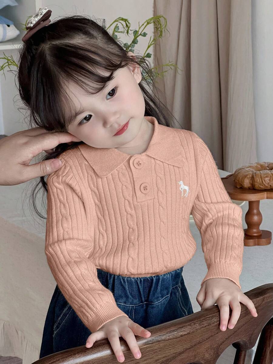 DAZY 女婴纯色半拉链长袖麻花休闲毛衣 幼儿女童服装 - 粉色 - 查看 1