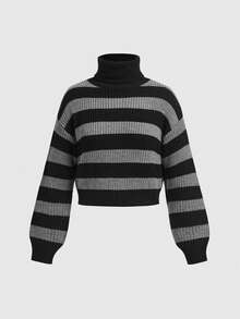 ROMWE Grunge Punk Y2K Casual All-Match Versatile Retro Punk Black & Grey Striped Turtleneck Lantern Sleeve Sweater