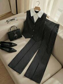 Teen Girl Elegant Commuter Urban College Contrast Collar Cardigan + Suit Pants Top Set - Grey - View 2