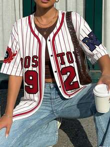 SHEIN EZwear 休闲运动街头风字母撞色条纹英文印花短袖衬衫，纽扣开襟，适合通勤、上学、日常休闲、旅行、运动、节日聚会等各种场合，四季皆宜。 - 彩色 - 查看 6