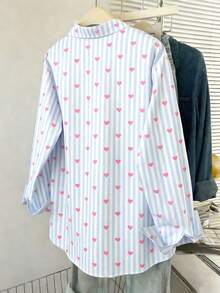 Airaco Women's Casual Striped Heart Print Shirt - Baby Blue - View 2