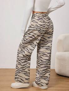 SHEIN PETITE Quần ống rộng họa tiết da báo dành cho nữ, thích hợp mặc đi làm, từ xuân hè. - Đen và trắng - Xem 3