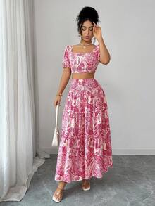 SHEIN Elenzya Women's Elegant Vintage Retro Print Square Collar Cropped Top Paired With High Waist A-Line Patchwork Skirt, Spring/Summer - Pink - View 6