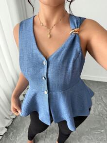 SHEIN PETITE CURVE Plus Size Women Elegant Sleeveless Blouse, Commuter Chic Top, Versatile For Work, Spring/Summer Summer Peplum Top Peplum Tops - Blue - View 6