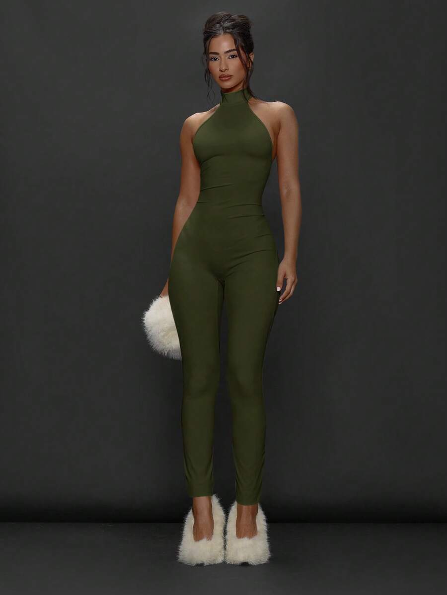 MUSERA 高领修身紧身七分连体裤，日常外出、夜间外出、性感街头风、派对优雅时尚夏季休闲款 - 軍綠色 - 查看 1