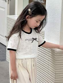 DAZY Young Girl Slogan Print Bow Decor Round Neck Short Sleeve Casual T-Shirt Summer - Beige - View 1