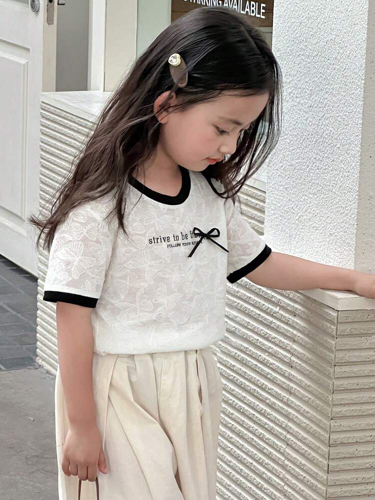 Young Girl Slogan Print Bow Decor Round Neck Short Sleeve Casual T-Shirt Summer
