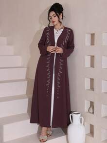Al Najma Women's Purple Long Sleeve Beaded Elegant Arabic Abaya, Spring/SummerLong Purple Plain Abaya With Regular Sleeves And Delicate EmbroideryLong Purple Plain Abaya With Regular Sleeves And Delicate Embroidery Plum Rhinestone Leaf Embellished Open Elegant Open Front & Maxi Length Silhouette Spring Break Modest Glam Outfit Garden Party Modest Maxi Premium Smooth Crepe Fabric Modest Glam & Feminine Aesthetic Timeless Islamic Fashion Staple - Purple - View 5