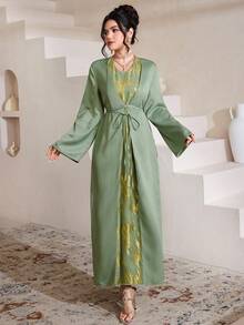 Al Najma 女士绿色编织镂空系腰优雅阿拉伯风格连衣裙，春夏款 - 綠色 - 查看 3