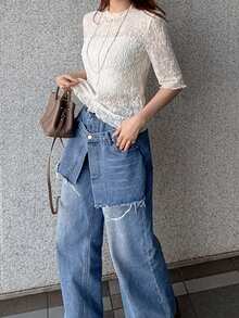 FRIFUL Women's Round Neck Lace Embroidered Fitted Short Sleeve Crop Top, Summer - White - View 7