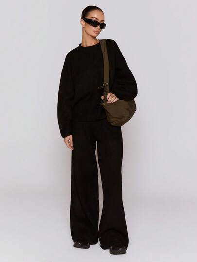 MUSERA Wide Leg Knit Sweater Pants Trousers Cool Girl, Streetstyle, Cute, , , Winter Spring