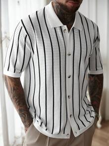 OTTIMOZO 男士休闲度假条纹印花镂空针织短袖毛衣，休闲/通勤/度假/酷老爸风，春夏男士钩针衬衫，男士度假装，男士条纹衬衫，针织男士衬衫，男士夏季服装 - 彩色 - 查看 7