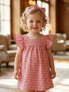 SHEIN Babygirls Summer Red Plaid Cap Sleeve Mini Dress, Countryside Style, Cute Pattern, Lightweight Silhouette, Suitable For Outdoor, Casual, And Party Occasions - Red - View 1