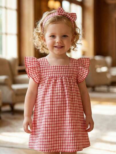 SHEIN Röd rutig miniklänning för flickor, sommar, lantlig stil, sött mönster, lätt silhuett, lämplig för utomhus, vardag och festtillfällen