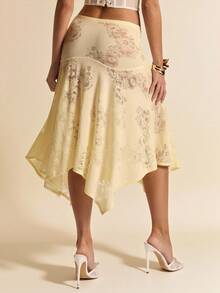 SHEIN BAE 杏色不对称下摆低腰蕾丝鱼尾裙，优雅杏色半身裙，适合派对、鸡尾酒会、生日礼服、伴娘礼服、婚礼宾客着装，春夏款。 - 杏色 - 查看 2