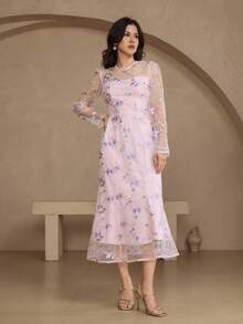 DAZY Abito midi elegante con maniche lunghe e dettagli in pizzo, adatto per matrimoni, feste e occasioni formali - Rosa - Visualizzare 6