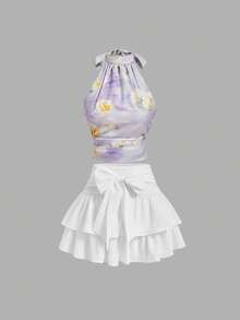 SHEIN MOD 紫色油画花卉印花缎面立领蝴蝶结上衣，完美适用于度假、约会、野餐、派对、舞会、节日和生日；浪漫复古宫廷风格，情人节、狂欢节服装，夏季、春季女装，狂欢节服装 - 紫色 - 查看 8