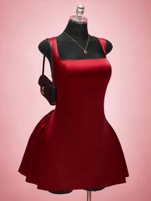 SHEIN ICON 大码女士情人节缎面红色连衣裙 - 紅色 - 查看 6