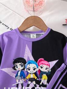 SHEIN Baby Girl Cartoon Letter Print Round Neck Short Sleeve T-Shirt And Pants Casual Outfit - Purple - View 3