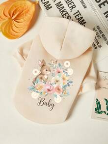 PETSIN 1件可爱兔子花束印花宠物连帽衫，适合秋冬季节，米色加厚保暖宠物服装 - 米色 - 查看 1