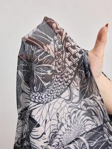 ROMWE Avant Spring/SummergraphicWomen's New Chinese Style Mesh Koi Fish Textured Semi-Sheer Long Sleeve Top - Multicolor - View 10