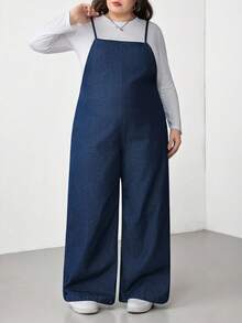 SHEIN CURVE+ 大码休闲宽松露背系带牛仔连体裤，春夏情人节嘉年华服装，通勤度假毕业时尚Y2K可爱街头风派对婚礼优雅商务休闲女式舒适大码牛仔背带裤，宽松版型阔腿设计，亲肤面料，带口袋 - 藍色 - 查看 3