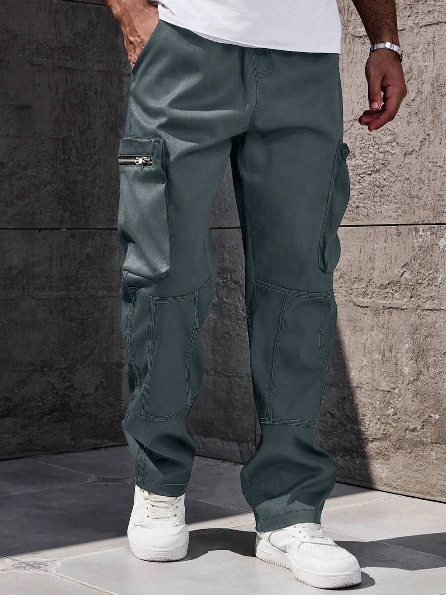 Manfinity Homme Quần dài nam cỡ lớn, màu trơn, dáng rộng, có túi hộp, kiểu dáng thường ngày. - Màu xanh bụi bặm - Xem 1